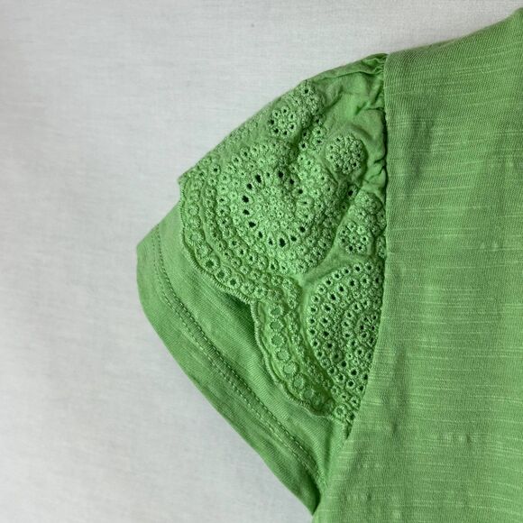 Boden Light Lime Green V-Neck Eyelet Lace Short Cap Sleeve T-Shirt Size S - Picture 5 of 15